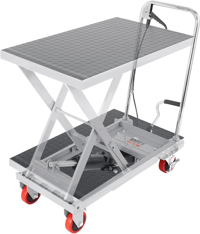 Photo 1 of 
VEVOR Hydraulic Lift Table Cart, 500lbs Capacity 28.5" Lifting Height, Manual Single Scissor Lift Table with 4 Wheels and Non-Slip Pad, Hydraulic...