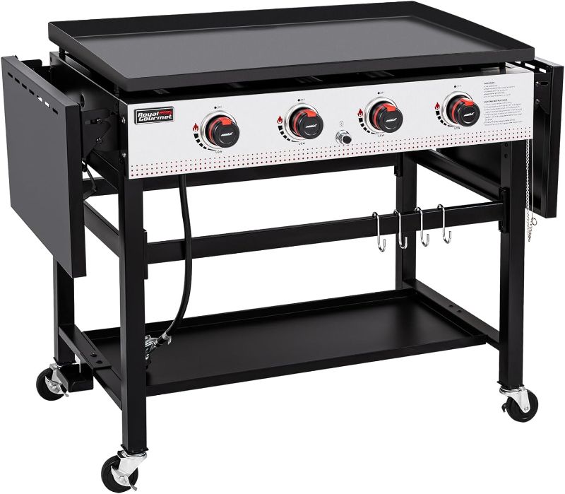 Photo 1 of ***HEAVILY USED AND DIRTY - INCOMPLETE - DAMAGED - UNABLE TO TEST - SEE PICTURES***
Royal Gourmet GB4002 4-Burner Propane Gas Griddle with Folding Side Tables, 36-Inch Flat Top Grill for Outdoor BBQ Events, Camping and Barbecue, Black