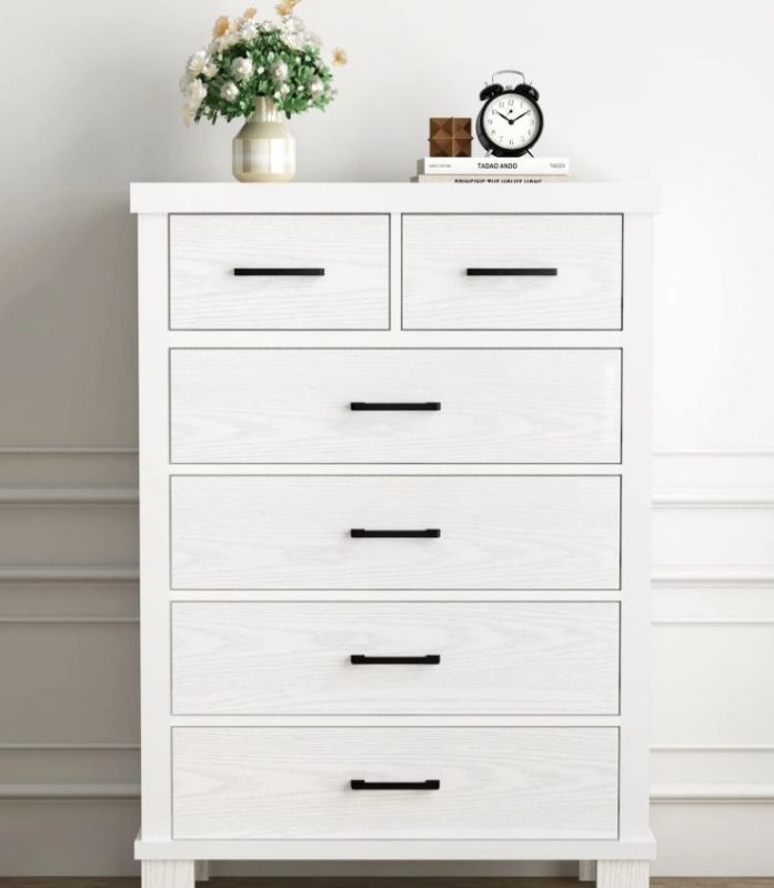 Photo 1 of 6 Drawer Dresser with Metal Handles, White Chest of Drawers Closet Organizers and Storage Clothes, Wood Drawer Dresser for Closet, Living Room, Hallway, Kids Room - White