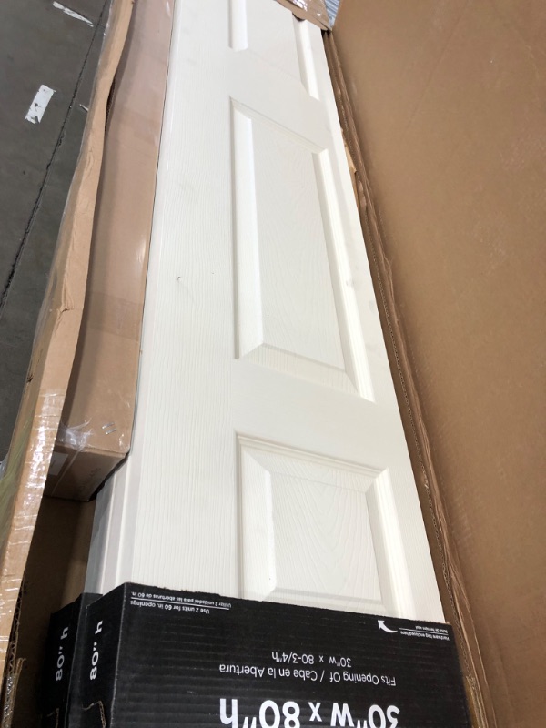 Photo 4 of ***USED - MAJOR DAMAGE - SEE PICTURES - LIKELY MISSING PARTS - UNABLE TO VERIFY FUNCTIONALITY***
60 in. x 80 in. 6 Panel Primed MDF Composite Double Bi-Fold Barn Door with Sliding Hardware Kit