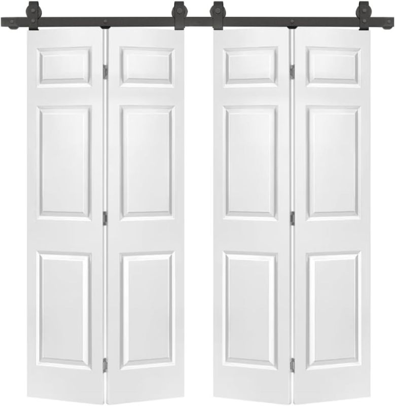 Photo 1 of 60 in. x 80 in. 6 Panel Primed MDF Composite Double Bi-Fold Barn Door with Sliding Hardware Kit