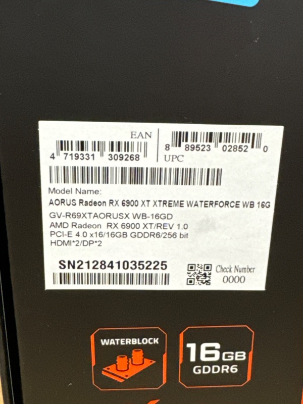 Photo 3 of (selling for parts) GIGABYTE AORUS Radeon RX 6900 XT Xtreme WATERFORCE WB 16G Graphics Card, WATERFORCE Water Block Cooling System, 16GB 256-bit GDDR6, GV-R69XTAORUSX WB-16GD Video Card