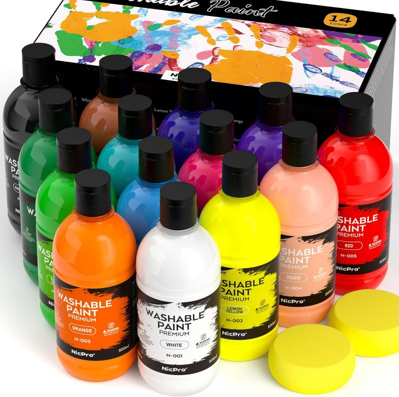 Photo 1 of **MISSING SIX BOTTLES-MINOR WHITE PREV USED**
Nicpro 14 Colors Large Washable Paint Set for Kid (16.9 oz, 500 ml), Acrylic Bulk Paint Supplies Non Toxic Children Tempera Paint for Art, Craft DIY, Poster & Finger Paint, School, Party, Classroom