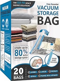 Photo 1 of 20 Pack Vacuum Storage Bags, Space Saver Bags (4 Jumbo/4 Large/4 Medium/4 Small/4 Roll) Compression for Comforters and Blankets, Sealer Clothes Storage, Hand Pump Included
Visit the Cozy Essential Store