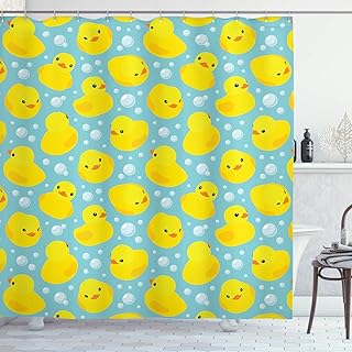 Photo 1 of Ambesonne Cartoon Shower Curtain, Happy Rubber Duck and Bubbles Pattern Theme Art, Cloth Fabric Bathroom Decor Set with Hooks, 69" W x 70" L, Yellow Aqua