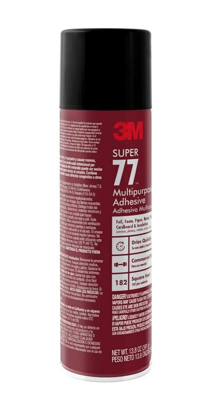 Photo 1 of 3M Super 77 Multipurpose Spray Adhesive, 13.8 oz., Provides Secure Bond In 15 Seconds, Dries Clear, Ideal For Plastic, Glass, Paper, Fabric, Wood, Foam, Cardboard, Fiberglass & More (77-DSC)