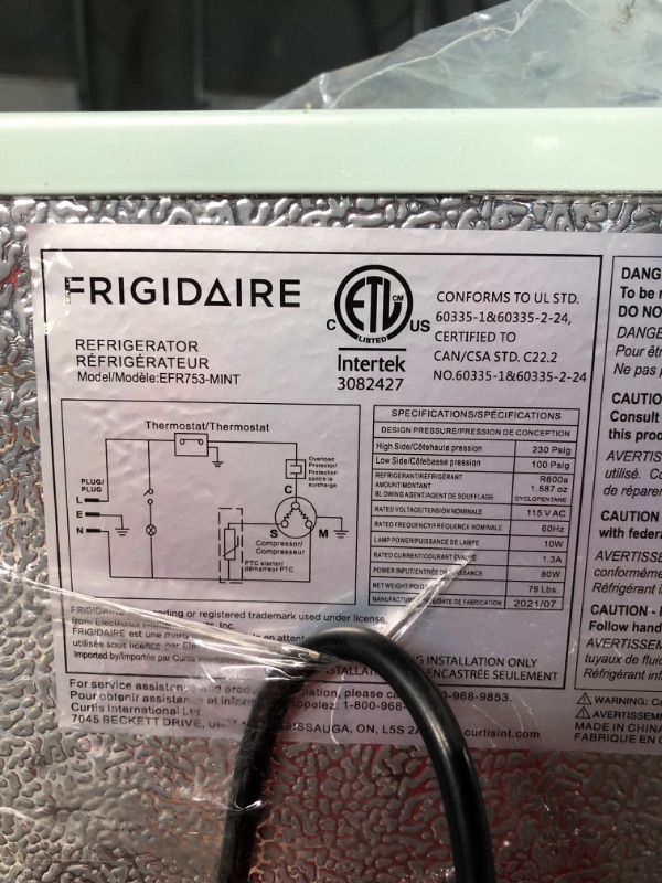 Photo 12 of ***USED - DAMAGED - UNTESTED - SEE COMMENTS***
Frigidaire EFR753-MINT 2 Door Apartment Size Refrigerator with Freezer, 7.5 cu ft, Retro, Mint