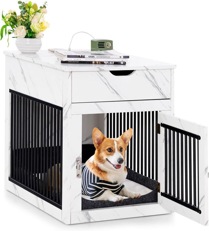 Photo 1 of **MAY NOT BE EXACT SAME AS STOCK PHOTO** Dog Crate Furniture, Decorative Dog Kennel End Table with Storage Drawer, Wired & Wireless Charging, Lockable Indoor Dog House with Cushion, Wooden Pet Cage Nightstand for Small Dogs