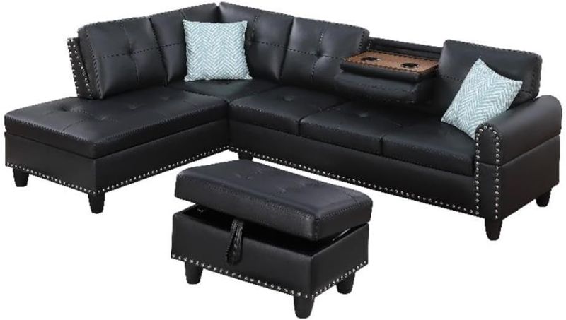 Photo 1 of *incomplete* Devion Furniture Transitional PU Faux Leather Sectional Sofa with Lift-top Storage Ottoman, for Living Room in Black Finish
