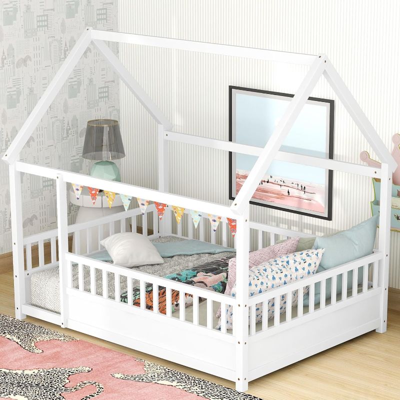 Photo 1 of **Pic for reference** Montessori Floor Bed Full Size, Full Montessori Bed with Fence, Full Size House Bed for Kids, Girls, Boys, Full Floor Bed White