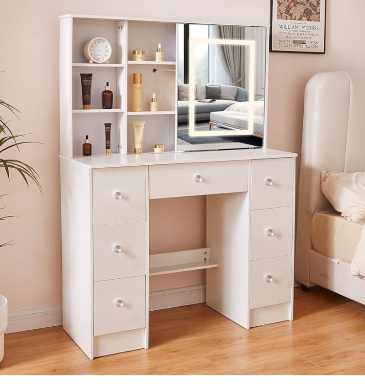 Photo 1 of *stock photo just for reference// no manual & no mirror** Vanity Desk with Sliding Mirror & Light, Makeup Vanity Set with 3 Lighting Modes Adjustable Brightness, Dresser with Large Drawer & Three Level Storage Dresser, Bedroom Dressing Table (White)