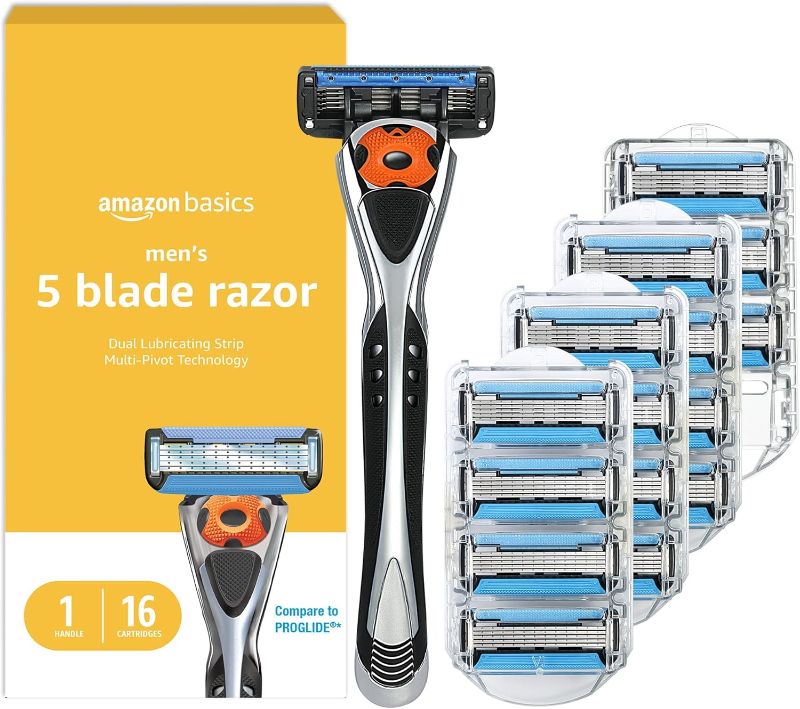 Photo 1 of Amazon Basics 5-Blade MotionSphere Razor for Men with Dual Lubrication and Precision Trimmer, Handle & 16 Cartridges, Cartridges fit, Razor Handles only, 17 Piece Set, Black