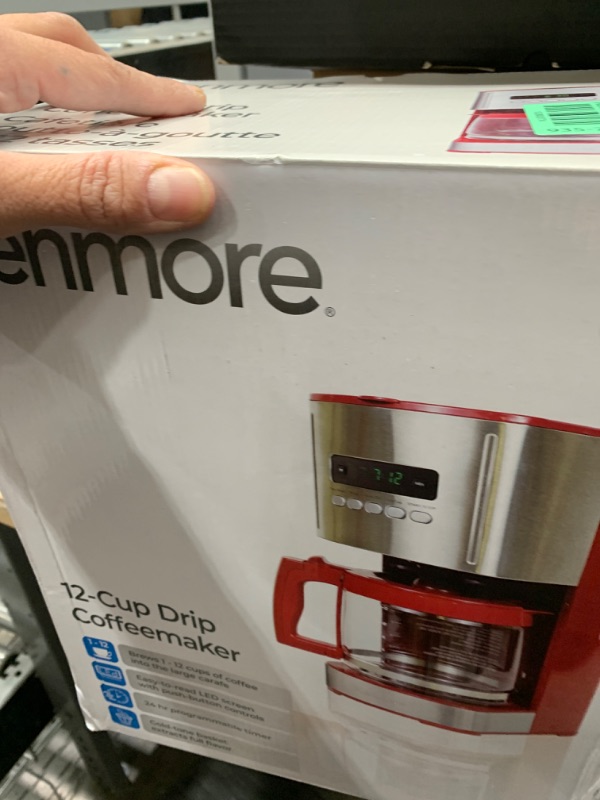 Photo 1 of Kenmore Coffee Maker 12 cup Drip Coffee Machine Reusable Filter Programmable Timer Digital Display Aroma Control Glass Carafe Charcoal Water Filter Regular Bold Stainless Steel and Red