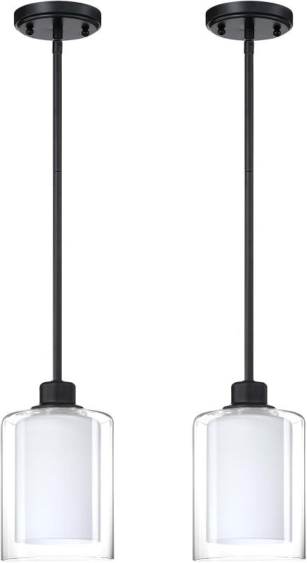 Photo 1 of 2 Pack 1 Light Indoor Hanging Kitchen Island Pendant Light 5" Clear Frosted Glass Chandelier Shade Fixture,Black Finish for Bar,Dining Room Over Sink
