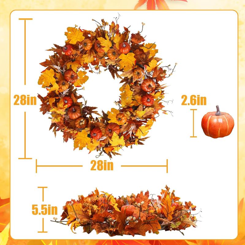 Photo 3 of (READ FULL POST) Uieke 28 Inch Fall Wreath for Front Door Outside Large Artificial Autumn Wreath with Orange Red Pumpkins Maple Leaves Berries Fall Decoration for Home Farmhouse Door Wreath for Harvest Thanksgiving