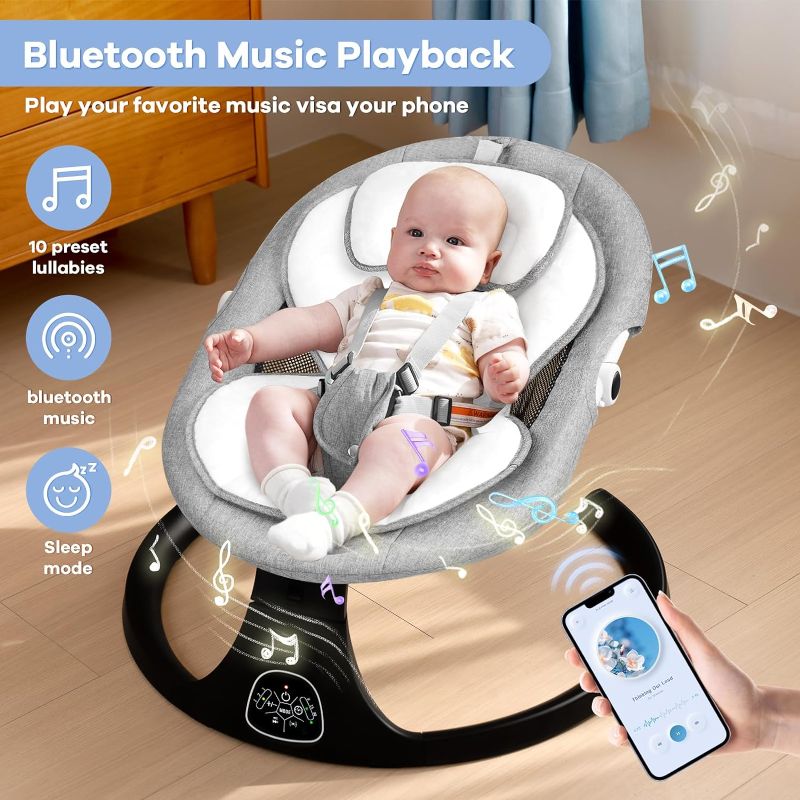 Photo 4 of (READ FULL POST) Electric Baby Swing for Infants, Baby Rocker for Infants with 5 Speeds, 10 Lullabies, Adapter & Battery Operated, Indoor & Outdoor Use, Remote Control, Gray
