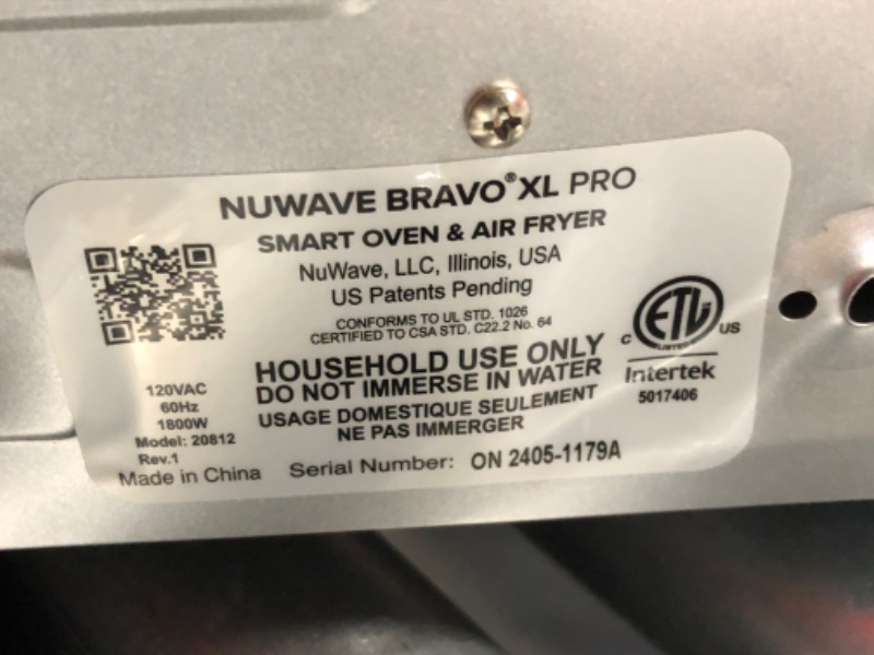 Photo 8 of ***NONREFUNDABLE - THIS SALE FINAL -  PARTS ONLY - SEE COMMENTS***
Nuwave Bravo XL Pro Air Fryer Toaster Oven, Improved 100% Super Convection, Quicker & Crispier Results, 100 Presets, Multi-Layer Even Cooking, 50-500F, Smart Probe, PFAS Free, 30QT, Stainl