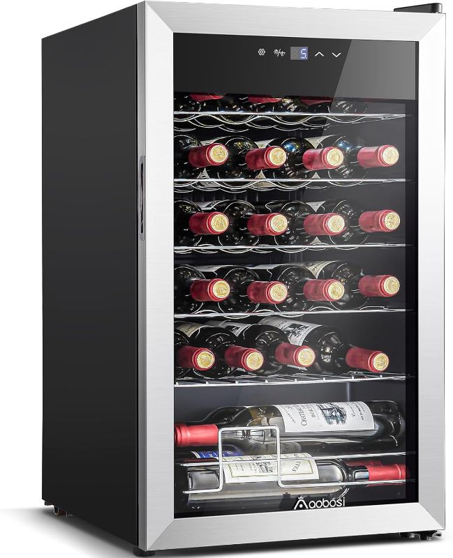 Photo 1 of *weird sound when open fridge//POWERS ON** AAOBOSI Wine Fridge, 24 Bottle Wine Cooler 46-66? Beverage Wine Refrigerator, Glass Door Free Standing Mini Wine Cellar with Adjustable Shelves and Temperature Memory for Bar, Home, Condo
