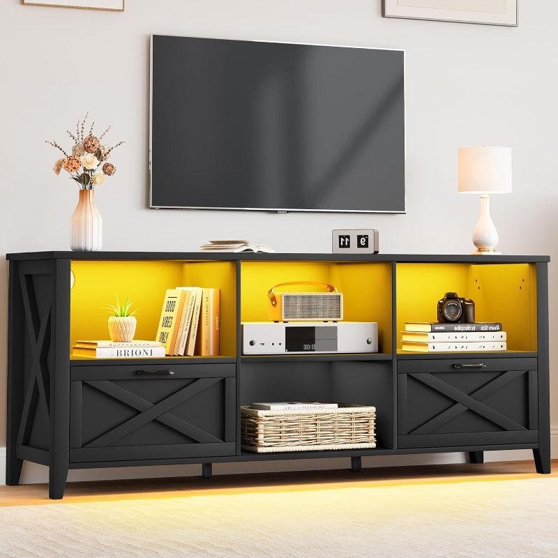 Photo 1 of *PREVIOUSLY OPENED** DWVO Farmhouse TV Stand Black 70", LED Light Media Console for TVs up to 80", Entertainment Center with Storage Cabinets & Adjustable Partition for Living Room
