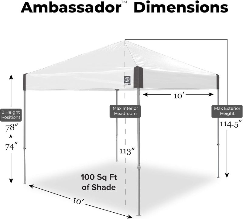 Photo 1 of (READ FULL POST) E-Z UP Ambassador Instant Pop Up Canopy Tent, 10' x 10', Roller Bag and 4 Piece Spike Set, White
