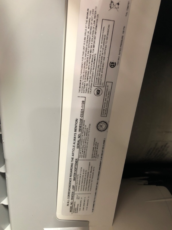 Photo 4 of * SEE NOTES* Whirlpool WHES30E 30,000 Grain Softener | Salt & Water Saving Technology | NSF Certified | Automatic Whole House Soft Water Regeneration, 0.75 inches, Off-White 30,000 Grain Water Softener Softener