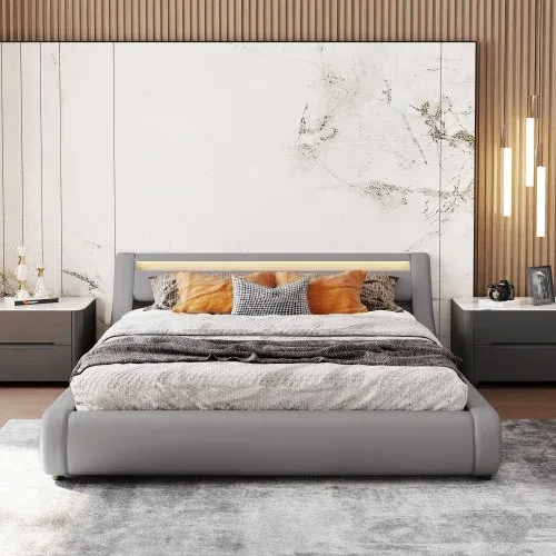 Photo 1 of **PARTS ONLY**NON REFUNDABLE**
 Queen Size Platform Bed with Gas Lift Up Storage, Upholstered Queen Bed Frame with LED Faux Leather for Kids Teens and Adults, No Box Spring Needed (Queen, Grey)
