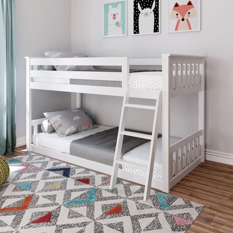 Photo 1 of * MISSING PARTS PARTIAL SET* Max & Lily Twin Over Twin Low Bunk Bed with Ladder, Wooden Bunk beds with 14” Safety Guardrail for Kids,Toddlers, Boys, Girls, Teens, Bedroom Furniture, White
