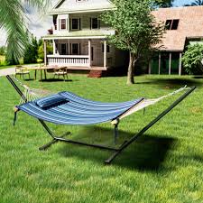 Photo 1 of * MISSNG HARDWARE* VEIKOUS
12 ft. Quilted 2-Person Hammock Bed with Stand and Detachable Pillow, Blue Stripes