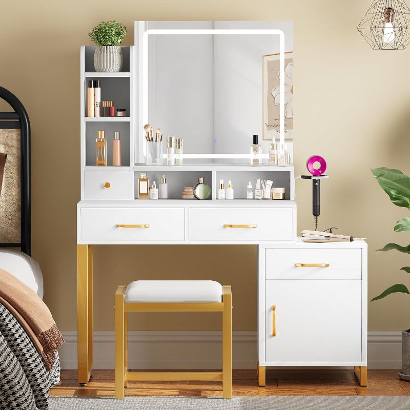 Photo 1 of *PARTIAL SET** YITAHOME Vanity Desk with Mirror and Lights, Makeup Vanity Set with Power Outlet, Makeup Table with 3 Lighting Modes Brightness Adjustable, Drawers, Cabinet, Storage Stool,for Bedroom, Pearl White
