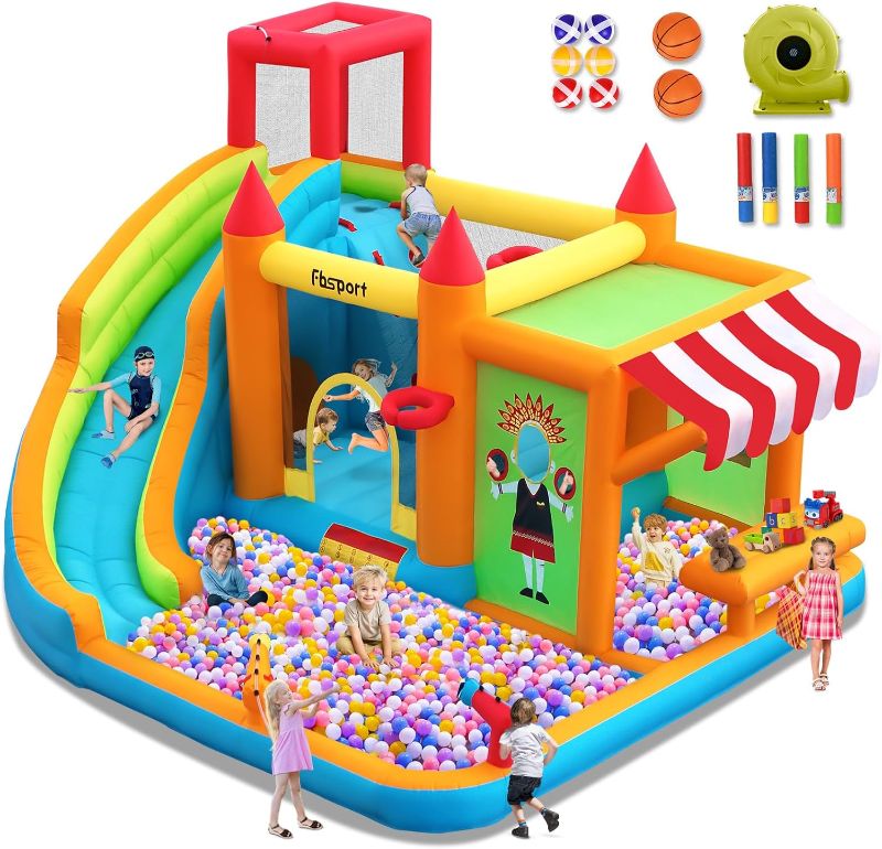 Photo 1 of *UNKNOWN OF ANY HOLES OR RIPS** OPENED/DIRTY*FBSPORT Inflatable Bounce House Water Slide, Bounce House for Kids with Toy Market Stand Splash Pool Bouncer Climbing Wall Water Gun Ball Dart, Bouncy Castle W/620W Blower for Outdoor Indoor, Red
