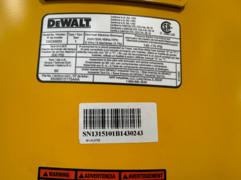 Photo 2 of *UNTESTED** Dewalt DXCM602.COM 3.7 HP 60 Gallon 175 Max PSI 13.4 SCFM @ 40 PSI 11.5 SCFM @ 90 PSI Oil-Lube Electric Stationary Vertical Air Compressor
