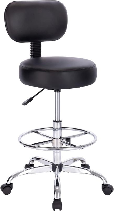 Photo 1 of ***STOCK PHOTO FOR REFERENCE ONLY - ACTUAL ITEM MAY DIFFER - SEE COMMENTS***
Drafting Chair with Back, Adjustable Foot Rest Rolling Stool, Multi-Purpose Office Desk Chair, Thick Seat Cushion for Home Bar Kitchen Shop - Black/Chrome