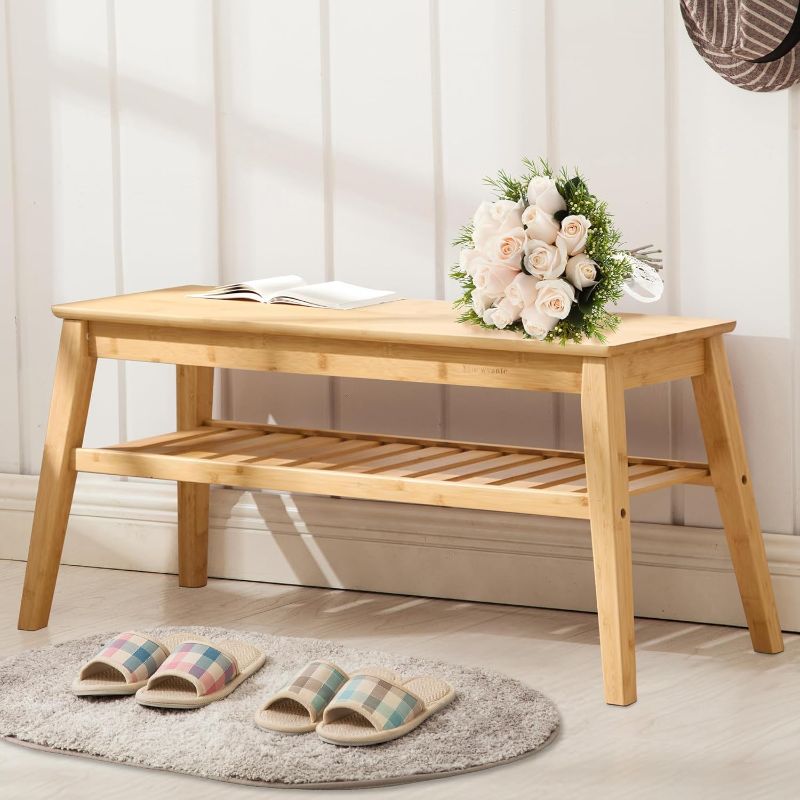 Photo 1 of ***SEE NOTES*** 
Nnewvante Bamboo Entryway Bench, 33.46" Dining Bench, 2 Tier Indoor Storage Bench for Living Room, Bedroom, Hallway, Outdoor Bench Holds up to 300lbs
