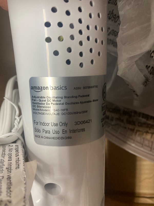 Photo 6 of ***POWERS ON BLADE DOES NOT MOVE*** Amazon Basics 16-Inch 12-Speed Pedestal Floor Fan, Standing Fan for Home, with Oscillating Dual Blades, Remote Control, Ultra Quiet and Energy-Efficient DC Motor, Timer, Tilted Head, White 12-Speed DC Motor Fan