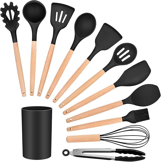 Photo 1 of 12PCS Cooking Kitchen Utensils, P&P CHEF Silicone Utensil Head with Wooden Handle, Turner, Ladle, Spoon, Spatula, Tong, Brush, and Holder, Heat-resistant & Non-scratch, Non-toxic & Non Smell, (Black)