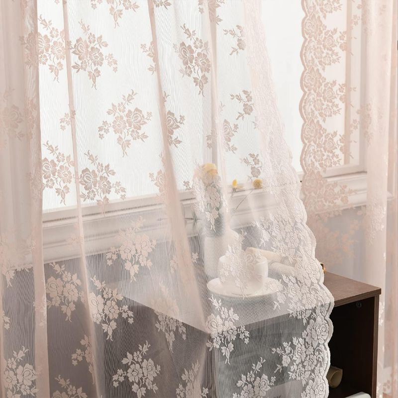 Photo 1 of ***STOCK PHOTO REFERENCE ONLY*** (PINK) 

Kotile Pink Lace Curtains for Bedroom - Country Floral Lace Curtains 84 Inches Long, Scalloped Macreme Sheer Lace Curtains for Guest Room, Rod Pocket Lace Panel Curtains, 52 x 84 Inch, 2 Panels, Pink
