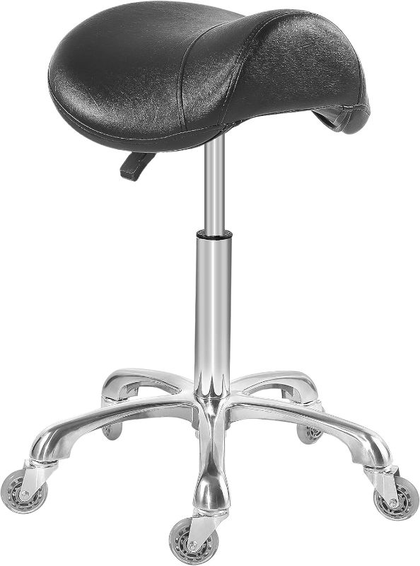 Photo 1 of  Saddle Stool Chair for Massage Clinic Spa Salon Cutting, Saddle Rolling Stool with Wheels Adjustable Height (Black)