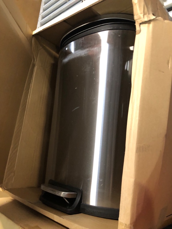 Photo 6 of ***MAJOR DAMAGE - CRACKED AND DENTED - SEE PICTURES - PEDAL DOESN'T WORK***
QUALIAZERO 50L/13Gal Heavy Duty Hands-Free Stainless Steel Commercial/Kitchen Step Trash Can, Fingerprint-Resistant Soft Close Lid Trashcan, 50L / 13 GAL