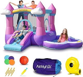 Photo 1 of AirMyFun Pink Inflatable Bounce House for Toddlers 3-8: Bouncy Castle for Kids Outdoor Indoor with Slide Blow Up Jump House Bouncer with Blower Ball Pit for Backyard Toddler Kid Children Birthday Gift