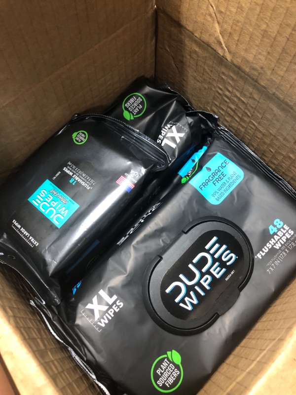 Photo 3 of DUDE Wipes - Flushable Wipes - Unscented 8 Pack + Mint Travel Pack, 402 Wipes - Extra Large Dispenser Wet Wipes with Vitamin E & Aloe For Men - Septic and Sewer Safe Fragrance Free 48 Count (Pack of 8)