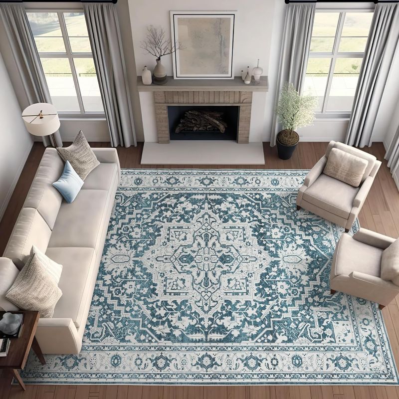 Photo 3 of jinchan Washable Area Rug 8x10 Low Pile Living Room Rug Stain Resistant Vintage Rug Boho Large Rug Ultra-Thin Faux Wool Non Slip Carpet Floral Print Indoor Mat for Bedroom Kitchen Farmhouse Teal Blue
