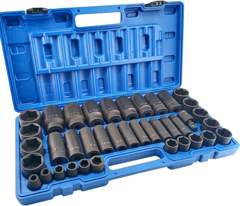 Photo 1 of 39PCS 1/2-Inch Drive Impact Socket Set, CR-V Steel Standard & Deep Socket, SAE, 3/8" to 1-1/2", Universal Joint of 1/2", 6-Point Hex Radius Corner Design
