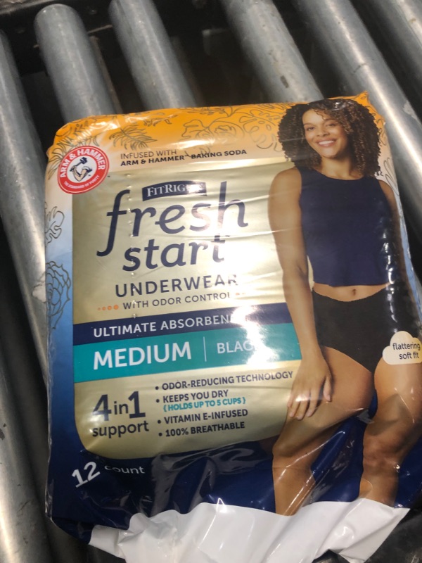 Photo 2 of FitRight Fresh Start Incontinence and Postpartum Underwear for Women, Medium, Black (12 Count) Ultimate Absorbency, Disposable Underwear with The Odor-Control Power of ARM & HAMMER Black Medium Bag of 12