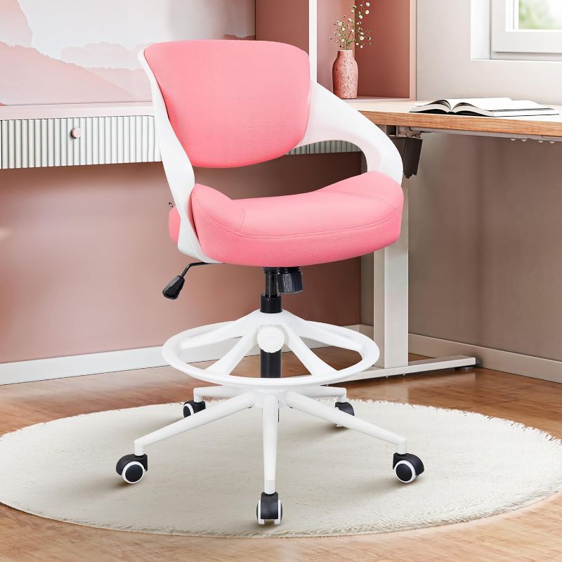 Photo 1 of Ergonomic Drafting Chair,Standing Computer Desk Chair,Foot Ring,Lumbar Support,Swivel Task Chair-Pink
