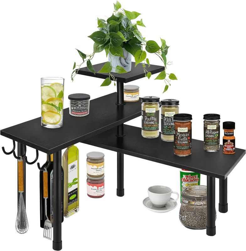 Photo 1 of Homode Bathroom Counter Organizer Corner Shelf, Kitchen Countertop Organizer, 3 Tier Wood Counter Shelf Stand for Over The Sink, Coffee Station, Desktop, Black
