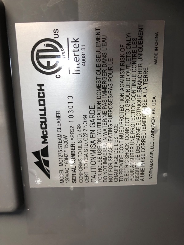 Photo 5 of ***HEAVILY USED AND DIRTY - POWERS ON - UNABLE TO TEST FURTHER - LIKELY MISSING PARTS***
McCulloch MC1275 Heavy-Duty Steam Cleaner with 18 Accessories, Extra-Long Power Cord, Chemical-Free Pressurized Cleaning for Most Floors, Counters, Appliances, Window