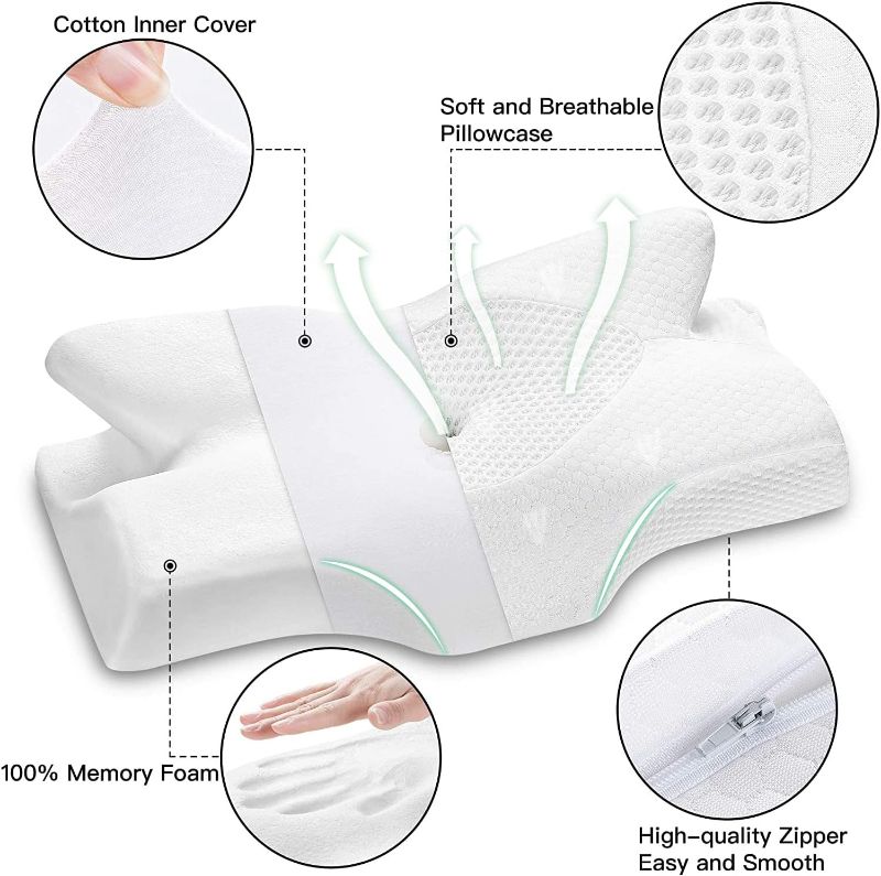 Photo 4 of (READ FULL POST) Elviros Cervical Memory Foam Pillow, Contour Pillows for Neck and Shoulder Pain, Ergonomic Orthopedic Sleeping Neck Contoured Support Pillow for Side Sleepers, Back and Stomach Sleepers(White-S) White Standard 21.2Lx13Wx(3.54"-4.3")H