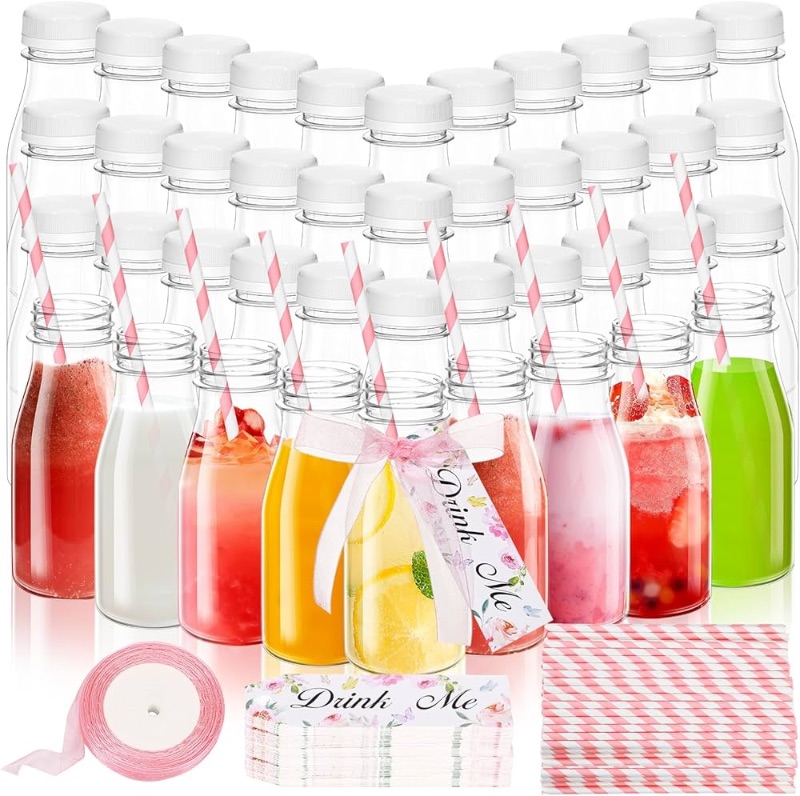 Photo 1 of (NON-REFUNDABLE) 50 Set 8 oz Plastic Milk Bottles with Straws and Lids with Drink Me Tags and Ribbon for Tea Party Wedding Favor Baby Shower Drink