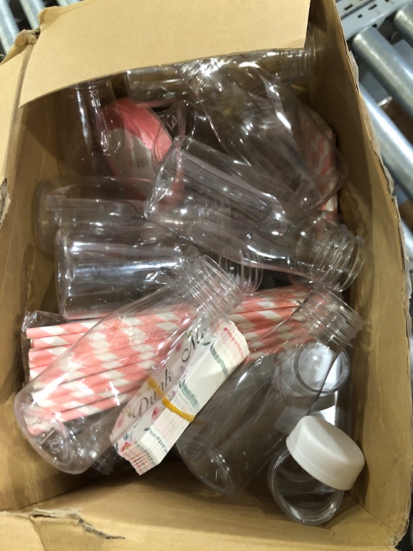 Photo 2 of (NON-REFUNDABLE) 50 Set 8 oz Plastic Milk Bottles with Straws and Lids with Drink Me Tags and Ribbon for Tea Party Wedding Favor Baby Shower Drink