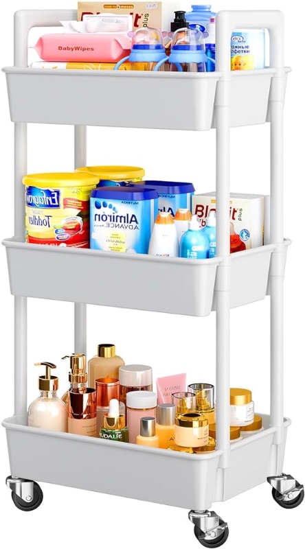 Photo 1 of *****STOCK IMAGE FOR SAMPLE*****
3 Tier Rolling Cart Organizer, Plastic Rolling Cart with Handle - WHITE